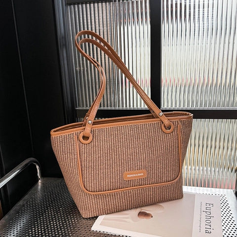 Damen Gewebte Tragetasche PU Leder Stroh Große Kapazität Vertikale Textur Sommer Strand Reise Schultertasche Retro