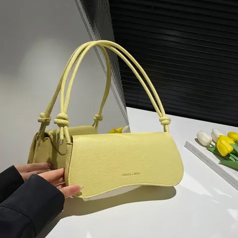 Women Crossbody Underarm Bag PU Lychee Leather Curved Bottom Knot Shoulder Strap Minimalist Small Square Purse
