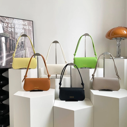 Women Crossbody Underarm Bag PU Lychee Leather Curved Bottom Knot Shoulder Strap Minimalist Small Square Purse