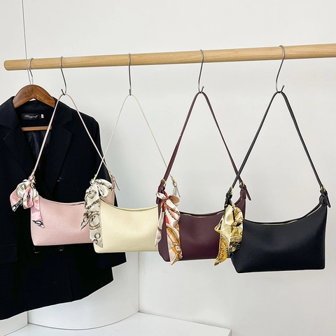 Damen Große Kapazität Unterarmtasche Retro PU Leder Hobo Tasche Mit Satin-Schal Dekor Mode Umhängetasche