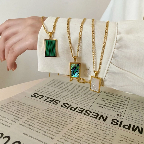 Titanium Staal Rechthoekige Hanger Ketting Witte Schelp Turkoois Abalone Inleg Vrouwen Figaro Ketting Retro Sieraden