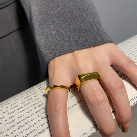 Anelli Geometrici Minimalisti Da Donna Vintage Acciaio Inossidabile Placcato Oro 18k Fascia Rettangolare E Rotonda Chic