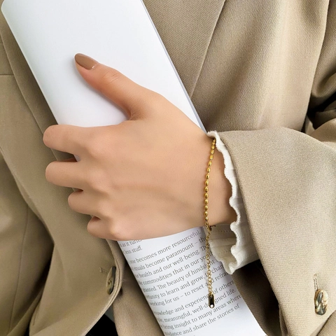 Μινιμαλιστικό Βραχιόλι Από Ατσάλι Τιτανίου Με Επιχρύσωση 18K Για Γυναίκες Λεπτή Αλυσίδα Με Οβάλ Χάντρες Ρυζιού