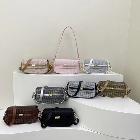 Bolso Bandolera Vintage para Mujer Cuero PU Patrón Geométrico Tejido Bolso Cuadrado Pequeño Con Cierre de Metal Dorado Bolso de Hombro