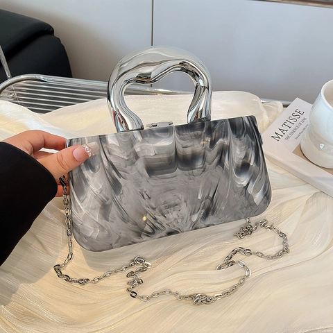 Acrylic Marble Pattern Box Bag With Metal Handle And Detachable Chain Strap For Women Fashion Evening Clutch