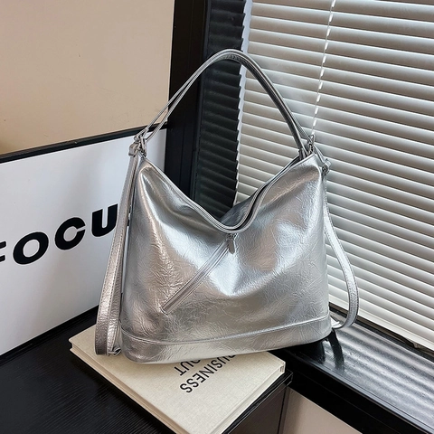 Vintage Τσάντα Tote Γυναικεία Μεγάλη Χωρητικότητα PU Δέρμα Μεταλλική Υφή με Πτυχώσεις Τσάντα Ώμου Hobo Διαγώνιο Φερμουάρ
