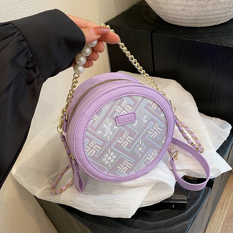 Women New Chinese Round Crossbody Bag PU Floral Geometric Embroidery Handbag With Artificial Pearl Gold Chain Strap Circular Purse