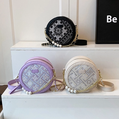 Borsa a Tracolla Rotonda con Stampa Geometrica Stile Etnico Donna Borsa a Tracolla in Pelle PU con Catena di Perle Artificiali