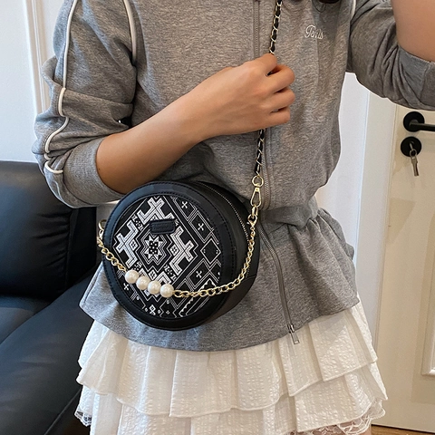 Borsa a Tracolla Rotonda con Stampa Geometrica Stile Etnico Donna Borsa a Tracolla in Pelle PU con Catena di Perle Artificiali