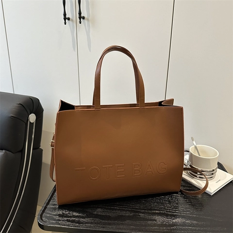 Large Capacity PU Leather Tote Bag With Embossed Letter Fashion Retro Commuter Shoulder Crossbody Handbag For Women
