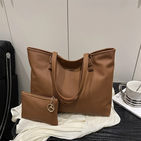 Große PU Leder Tote Bag Und Reißverschlusstasche Für Damen Eleganter Minimalistischer Pendler Schultertasche Goldbeschläge