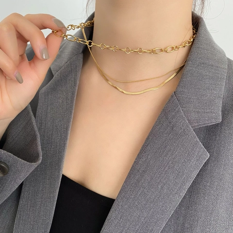 Minimalist Gold Multi Layered Necklace Titanium Steel Snake Link Chain Stackable Jewelry For Women
