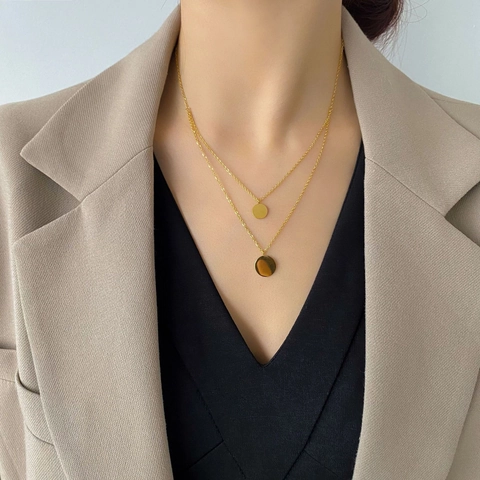 Collana A Doppio Strato Acciaio Al Titanio Placcato Oro 18K Ciondoli A Disco Rotondo Minimalista Gioielli Donna