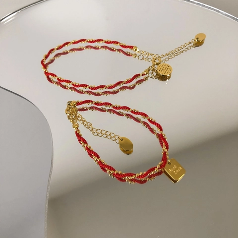 Red String Braided Bracelet Gold Plated Titanium Steel Double Happiness Good Luck Charm Lucky Gift For Women