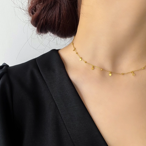 Round Disc Pendant Necklace 18K Gold Plated Stainless Steel Tiny Beads Minimalist Clavicle Chain For Women