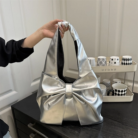 Bolso de Hombro Casual de Cuero PU para Mujer con Lazo Bolso Tote Grande Simple Bolso de Axila Moda Bolso de Mano Plisado