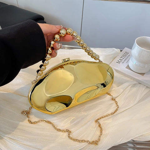 Irregular Pebble Shape Evening Clutch Bag Metallic Mirror Acrylic With Beaded Handle And Chain Strap For Women