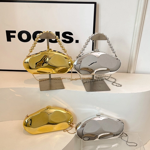 Irregular Pebble Shape Evening Clutch Bag Metallic Mirror Acrylic With Beaded Handle And Chain Strap For Women
