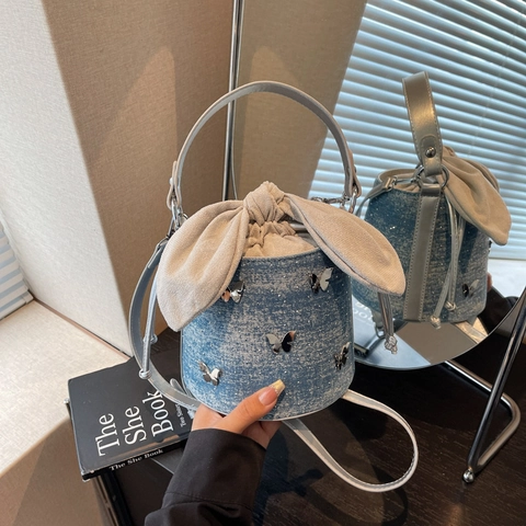 Bolso Cubo Mezclilla Con Mariposas Metal Y Strass Chic Cierre Lazo Cordón Bolso Mano Cruzado Mujeres
