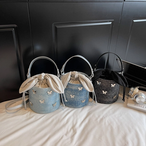 Bolso Cubo Mezclilla Con Mariposas Metal Y Strass Chic Cierre Lazo Cordón Bolso Mano Cruzado Mujeres