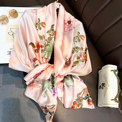 Sciarpa Di Raso Da Donna Stampa Floreale Scialle In Raso Artificiale Leggero Morbido Retro Foulard Elegante Lucido Accessorio