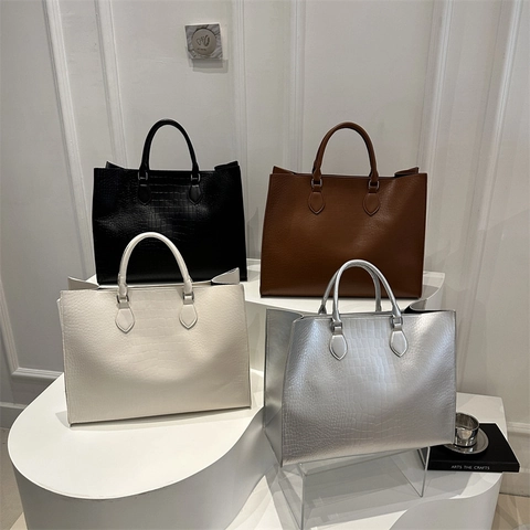 Bolso Tote De Cuero PU Con Relieve De Cocodrilo Vintage Gran Capacidad Color Sólido Bolso De Hombro Para Mujer Moda Diaria