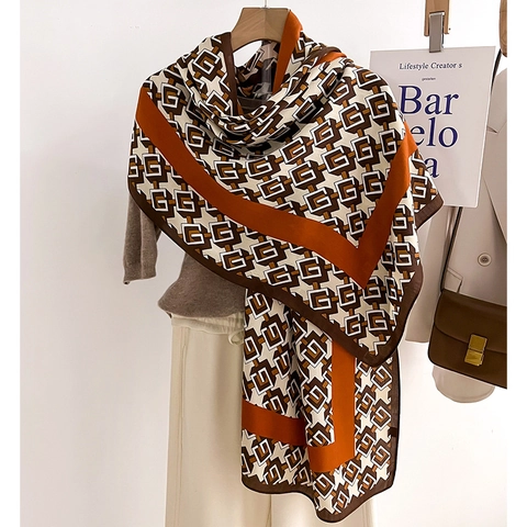 Bufanda de Mujer Vintage con Patrón Geométrico G Elegante Chal Largo de Satén Invierno Cálido Bloque de Color Pañuelo de Moda