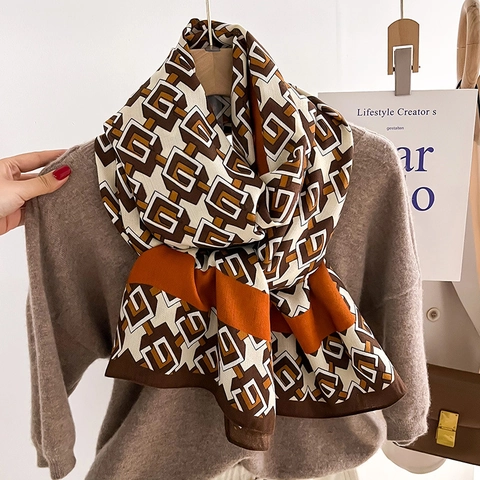 Bufanda de Mujer Vintage con Patrón Geométrico G Elegante Chal Largo de Satén Invierno Cálido Bloque de Color Pañuelo de Moda