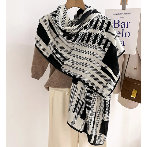 Sciarpa Da Donna Con Motivo Geometrico A Contrasto Scialle Caldo Invernale Patchwork A Quadretti Righe Elegante