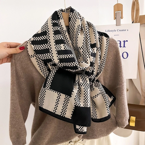 Sciarpa Da Donna Con Motivo Geometrico A Contrasto Scialle Caldo Invernale Patchwork A Quadretti Righe Elegante