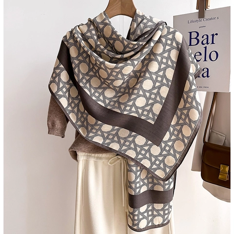 Geometric Scarf Shawl Women Polyester Soft Warm Winter Wrap Elegant Contrast Border Neck Protection Commuting Accessory