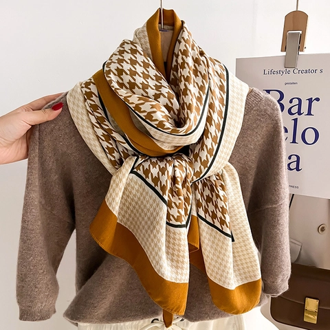 Écharpe Châle À Motif Pied De Poule Polyester Léger Chaud Rétro Mode Foulard Pour Femmes Accessoire Élégant Polyvalent
