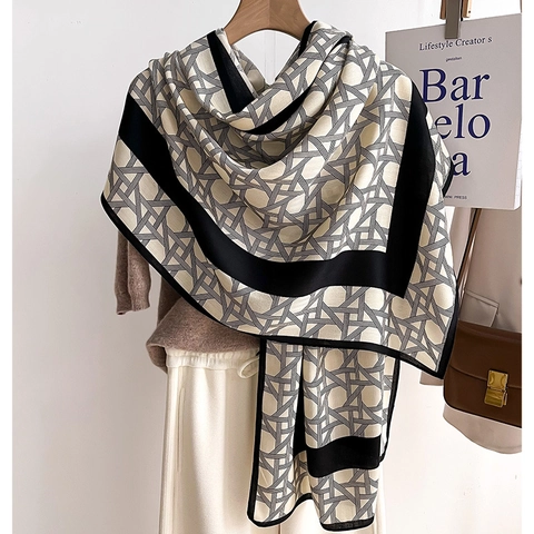 Geometric Scarf Shawl Women Polyester Soft Warm Winter Wrap Elegant Contrast Border Neck Protection Commuting Accessory