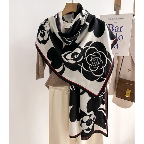 Camellia Bloem Elegante Franse Stijl Polyester Lange Sjaal Winter Warme Wikkel Voor Dames Luxe Contrastkleur