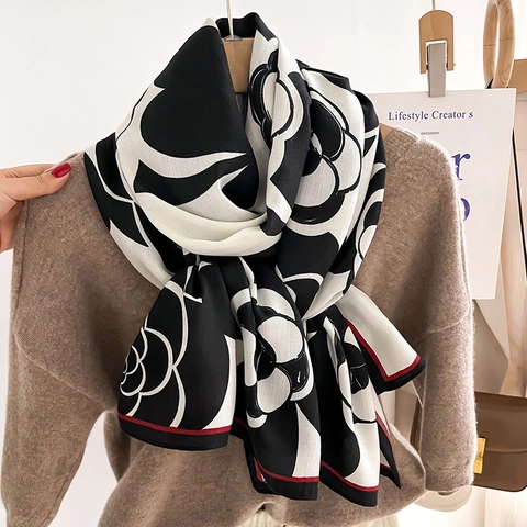 Camellia Bloem Elegante Franse Stijl Polyester Lange Sjaal Winter Warme Wikkel Voor Dames Luxe Contrastkleur