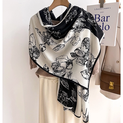 Damen Schal Stola Polyester Wolle Imitat Blumendruck Vintage Groß Farblock Warm Elegant Winter Wrap