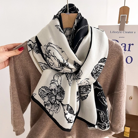 Damen Schal Stola Polyester Wolle Imitat Blumendruck Vintage Groß Farblock Warm Elegant Winter Wrap