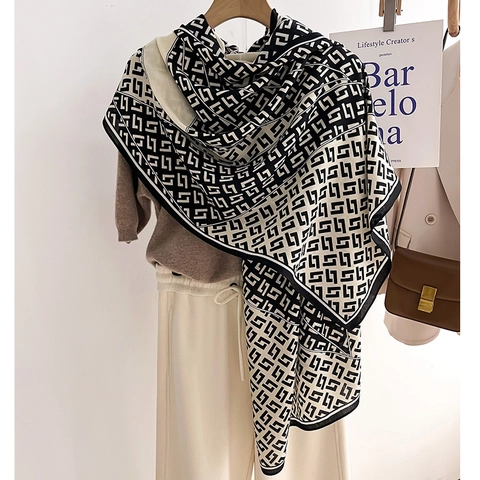 Women Large Geometric Pattern Scarf Shawl Warm Imitation Sheep Wool Polyester Long Soft Neck Wrap Autumn Winter Fashion