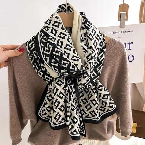 Women Large Geometric Pattern Scarf Shawl Warm Imitation Sheep Wool Polyester Long Soft Neck Wrap Autumn Winter Fashion