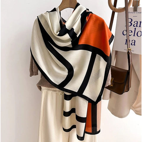 Écharpe Femme À Blocs De Couleurs Géométriques Châle En Polyester Doux Mode Moderne Chauffe-Nuque D'Hiver