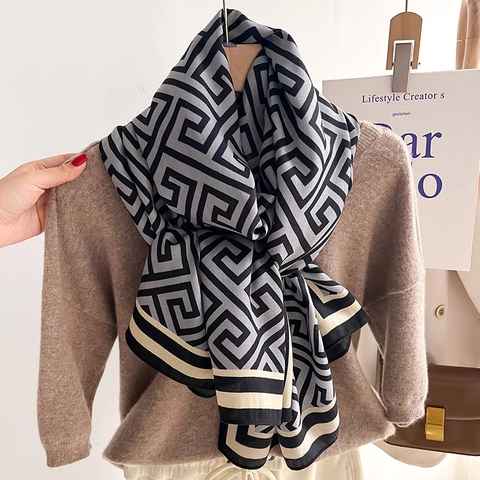 Mode Sjaal Omslagdoek Grieks Sleutelpatroon Geometrisch Doolhof Zacht Imitatiewol Warm Winter Chique Vintage Stijl Vrouwen