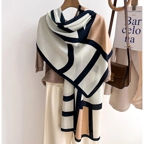 Écharpe Femme À Blocs De Couleurs Géométriques Châle En Polyester Doux Mode Moderne Chauffe-Nuque D'Hiver