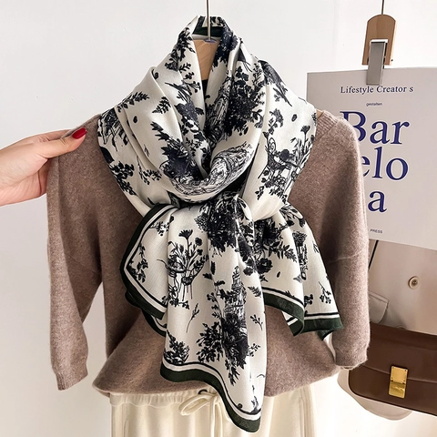 French Vintage Toile De Jouy Print Scarf Shawl Faux Wool Soft Warm Winter Accessories For Women