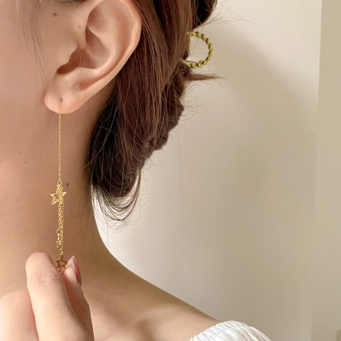 Star Tassel Earrings Long Titanium Steel Pentagram Charms Gold Plated Ear Thread Korean Style For Women Delicate