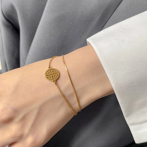Double Layer Titanium Steel Gold Plated Bracelet Minimalist Snake Bone Chain Round Hollow Pendant Dainty For Women