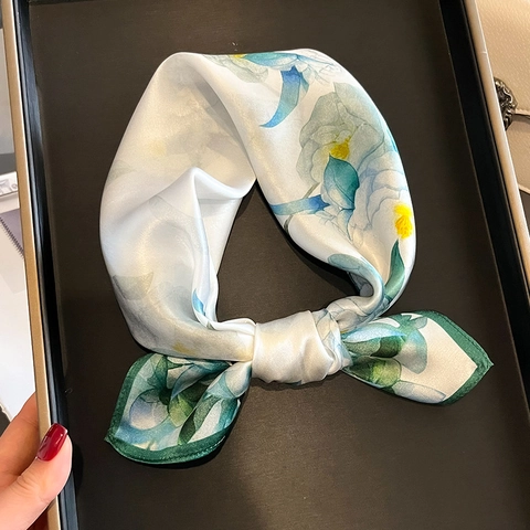 Mulberry Satin Square Scarf Floral Print Elegant Lightweight Breathable Hair Wrap Neck Tie Fashion Accessory For Women
