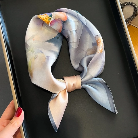 Elegant Mulberry Satin Square Scarf Floral Print Fashion Neck Wrap Satin Accessory Women