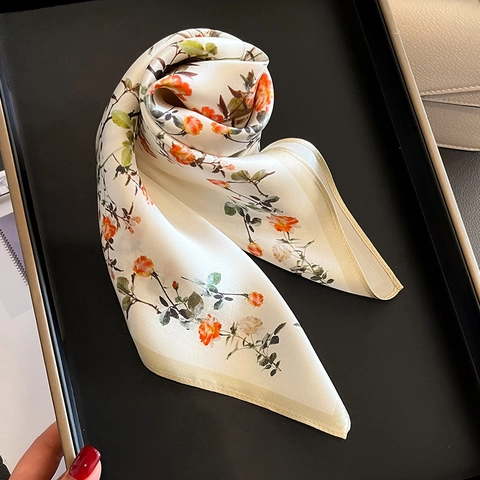 Mulberry Satin Square Scarf Floral Orange Rose Print Elegant Neck Hair Tie Bag Accessory Vintage Style Women