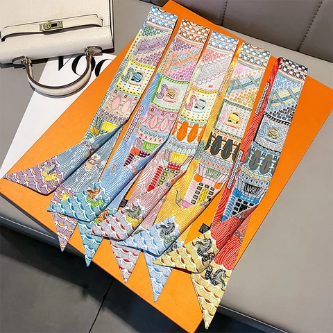 Narrow Satiny Polyester Scarf Double Sided Horse Print Bag Handle Wrap Hair Ribbon Fashion Neck Tie Accessory