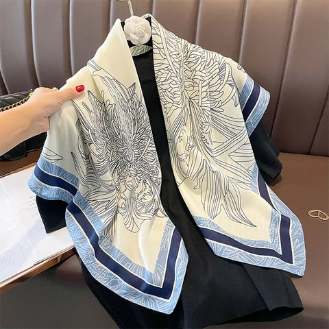 Vintage Floral Print Square Scarf Elegant Satin Polyester Shawl For Women Large Versatile Neckerchief Lightweight Headscarf